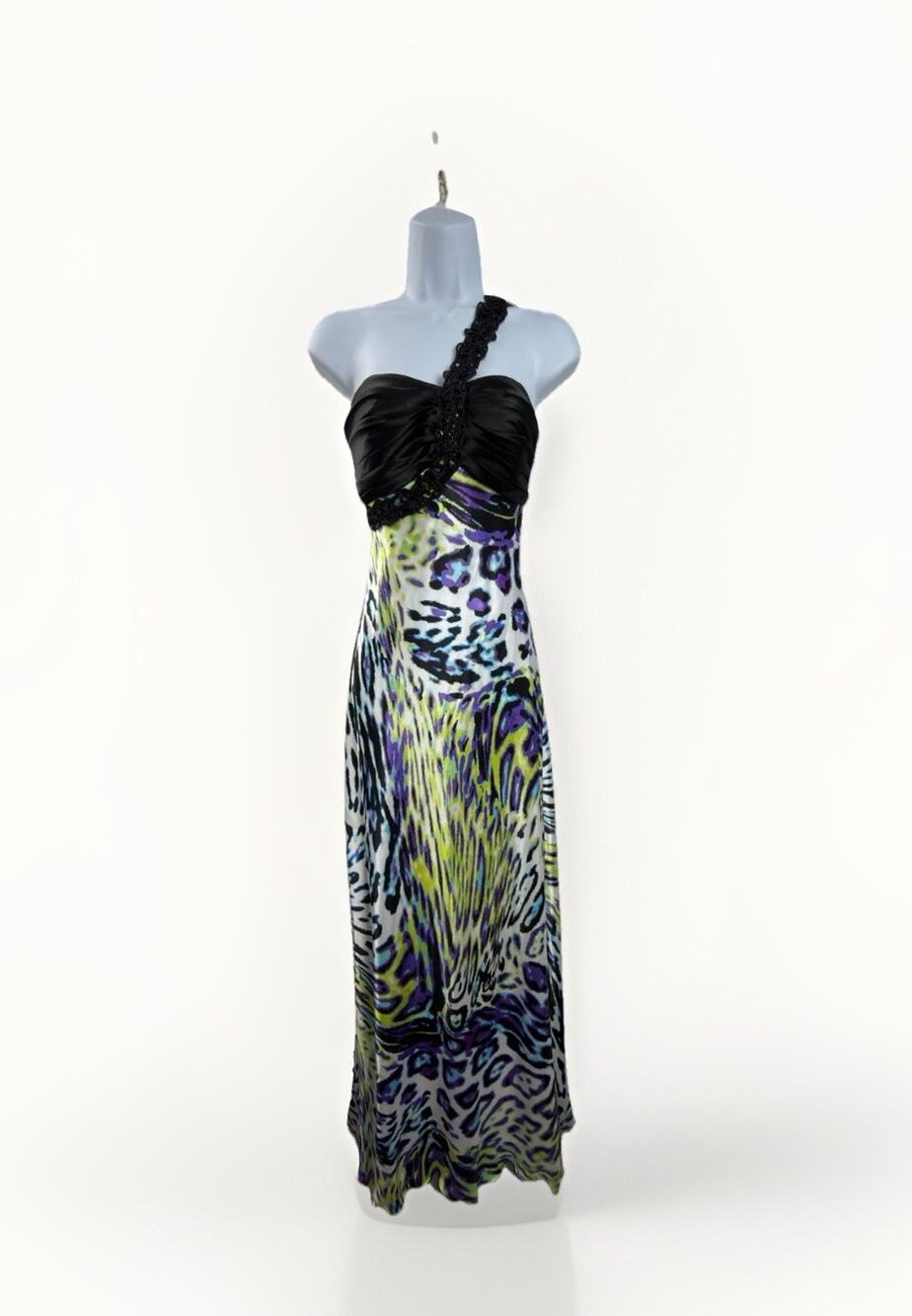Y2K Deb Animal Print One Shoulder Dress Formal Prom Gown Size 9/10 Purple Blue